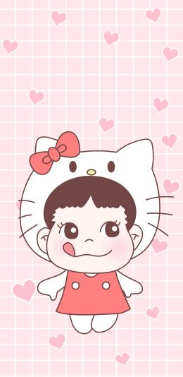 [2436x1125]糖不二 甜妞 可爱 卡通 粉色 爱心 Kitty猫 苹果手机动漫壁纸图片