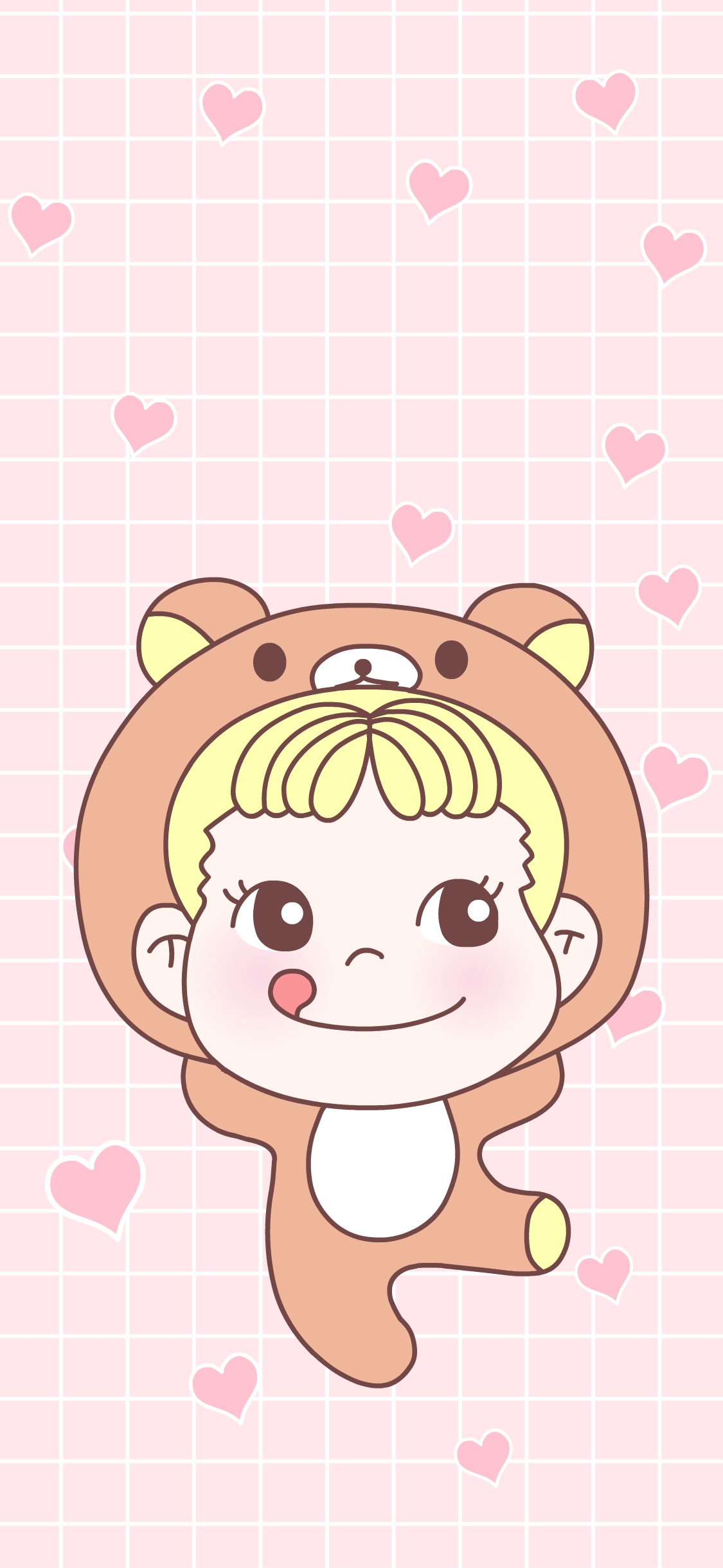 [2436×1125]糖不二 甜妞 可爱 卡通 粉色 爱心 轻松熊 苹果手机动漫壁纸图片