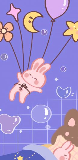 [2436x1125]紫色 卡通 兔子 星星 月牙 苹果手机动漫壁纸图片