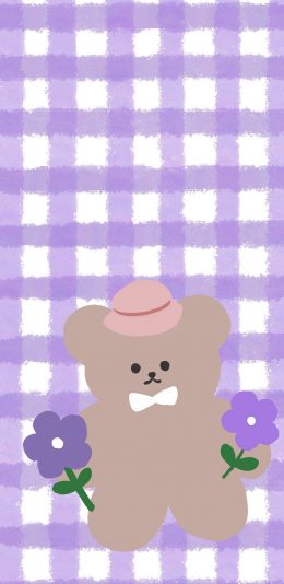 [2436x1125]紫色 格子 背景 小熊（取自微博：寒夏至） 苹果手机动漫壁纸图片