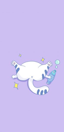 [2436x1125]紫色背景 卡通 猫咪 菊花 苹果手机动漫壁纸图片