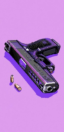[2436x1125]紫色背景 插图 枪支 子弹 苹果手机动漫壁纸图片