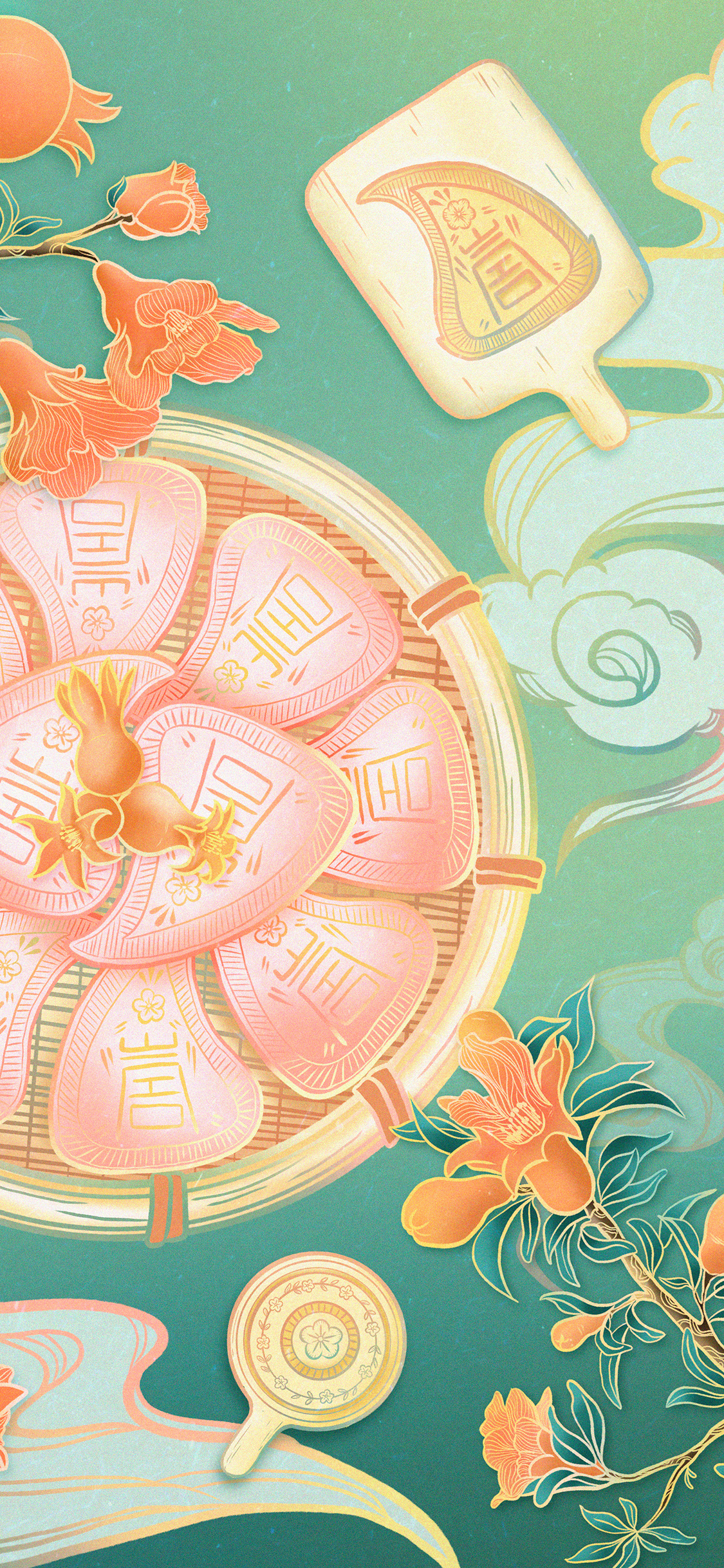 [2436×1125]红桃粿 特色 插画 石榴花 苹果手机动漫壁纸图片