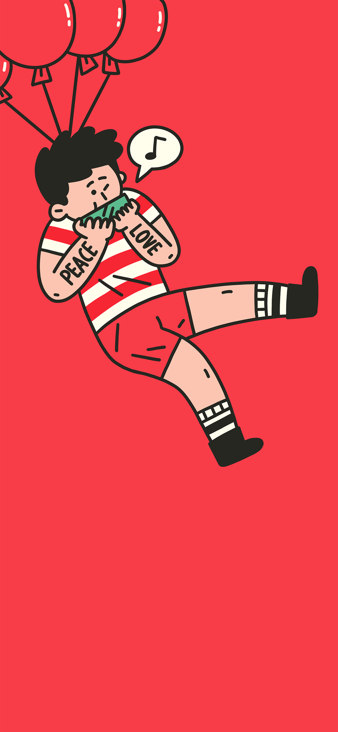 [2436×1125]红色 背景 卡通男孩 peace love 苹果手机动漫壁纸图片