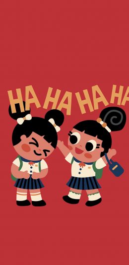 [2436x1125]红色 背景 小女孩 HAHAHA 苹果手机动漫壁纸图片
