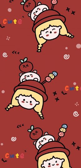 [2436x1125]红色背景 卡通 女孩 可爱（取自微博：是谁偷吃了奶酪） 苹果手机动漫壁纸图片