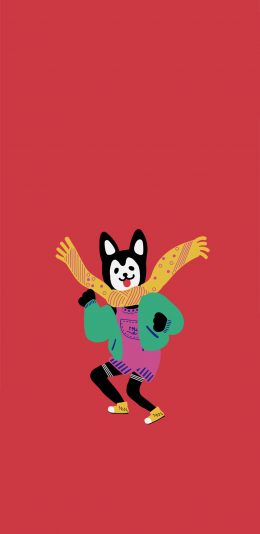 [2436x1125]红色背景 卡通 狗狗 哈士奇 苹果手机动漫壁纸图片