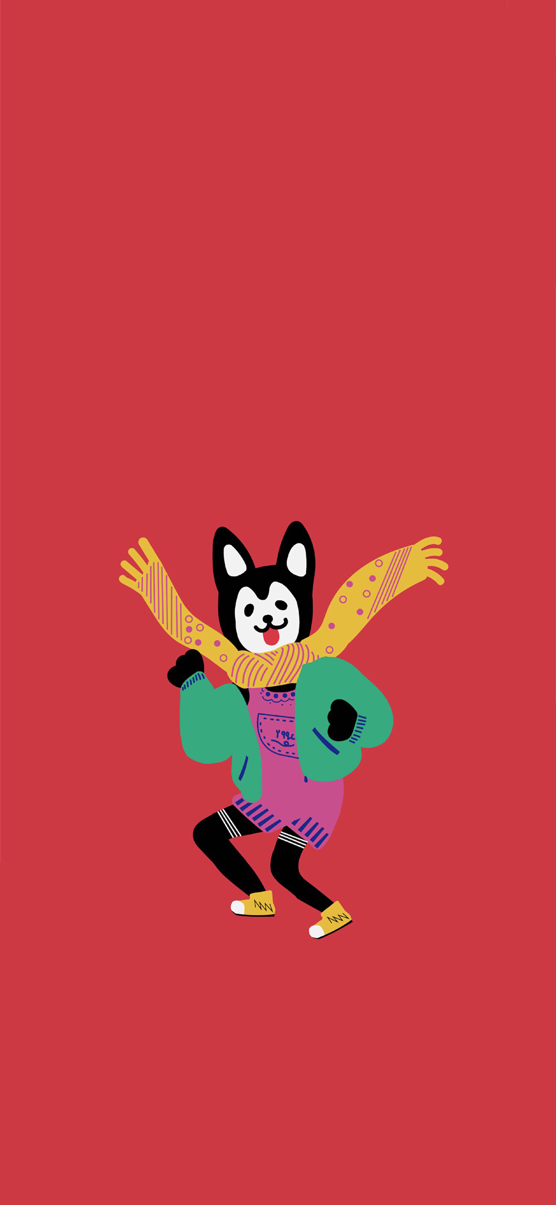 [2436×1125]红色背景 卡通 狗狗 哈士奇 苹果手机动漫壁纸图片