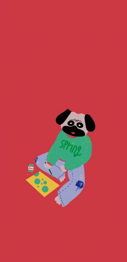 [2436x1125]红色背景 卡通 狗狗 巴哥犬 苹果手机动漫壁纸图片