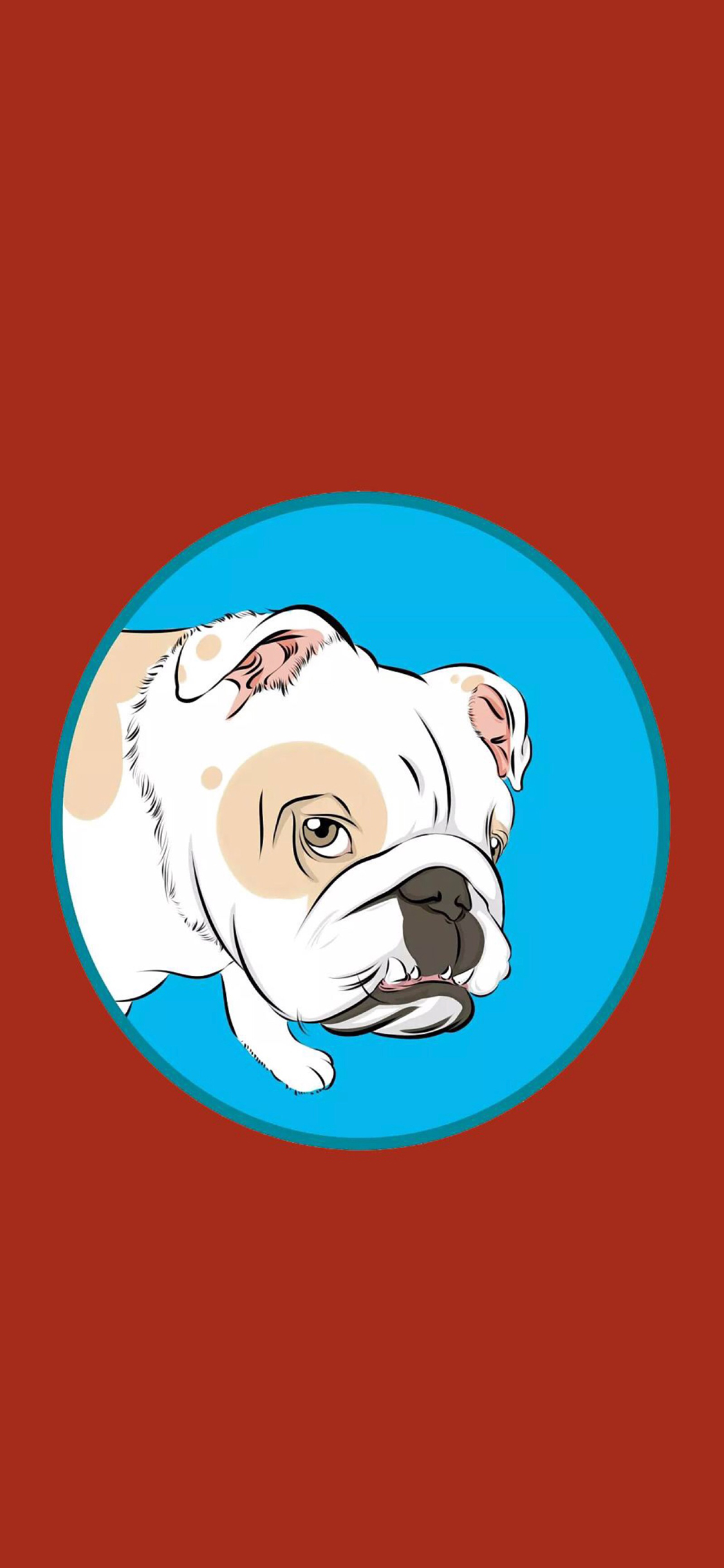 [2436×1125]红色背景 卡通 狗狗 斗牛犬 苹果手机动漫壁纸图片