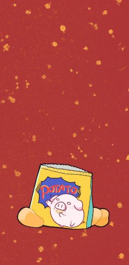 [2436x1125]红色背景 卡通 猪猪 薯片 苹果手机动漫壁纸图片