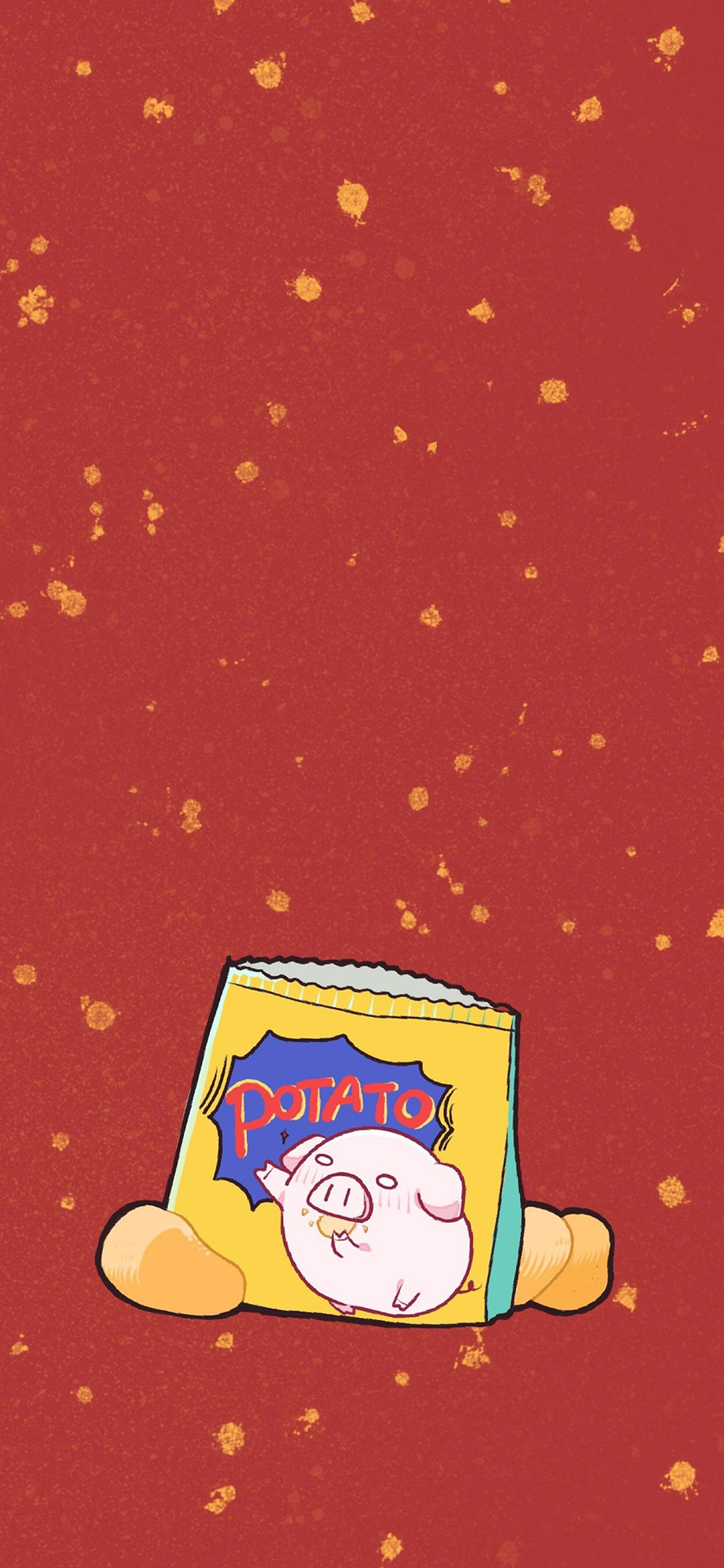 [2436×1125]红色背景 卡通 猪猪 薯片 苹果手机动漫壁纸图片