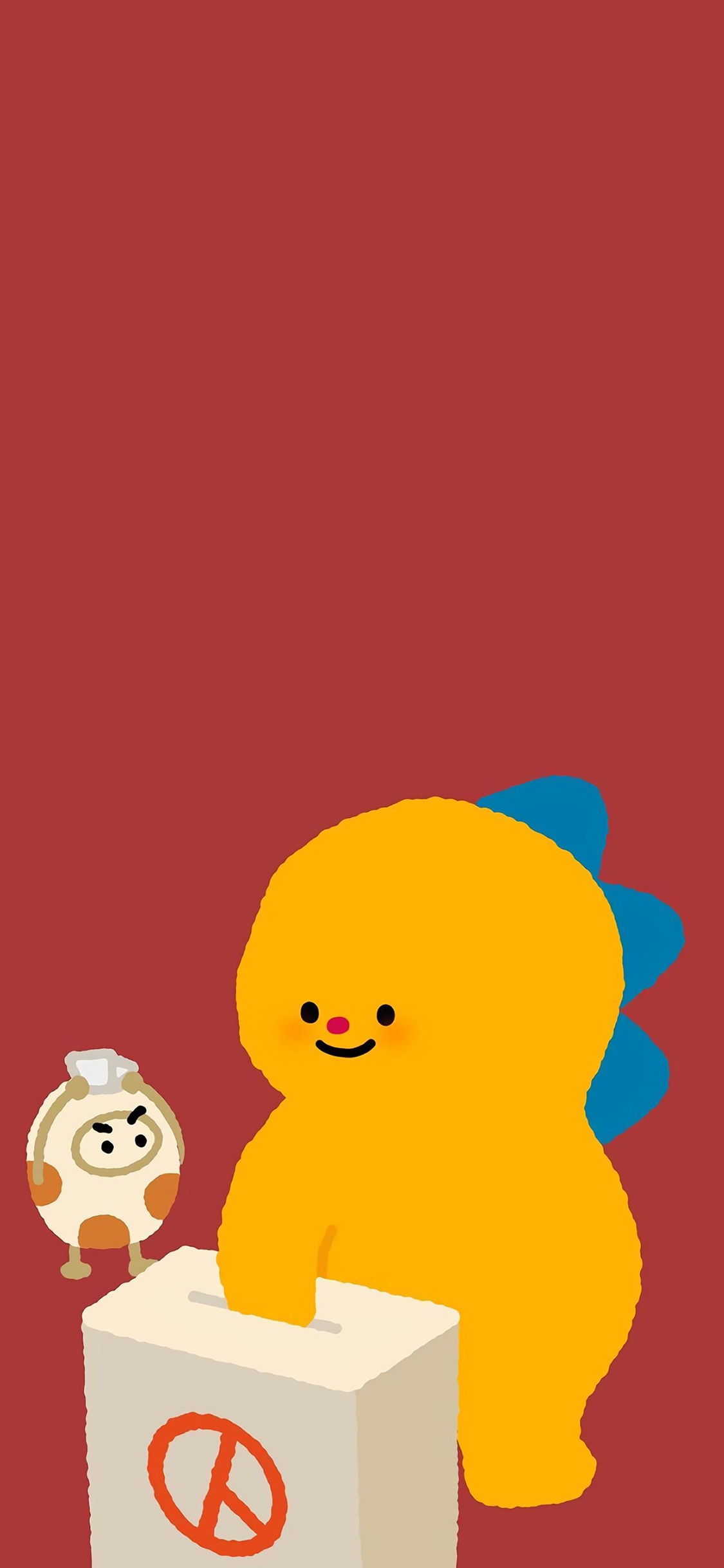 [2436×1125]红色背景 卡通 萌物 可爱 苹果手机动漫壁纸图片