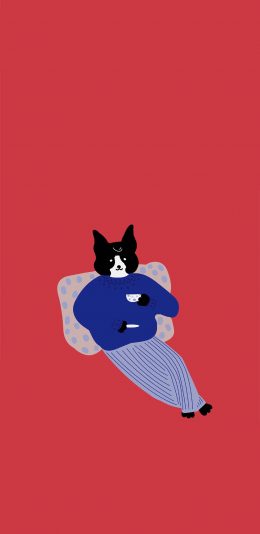 [2436x1125]红色背景 卡通狗狗 苏牧 苹果手机动漫壁纸图片