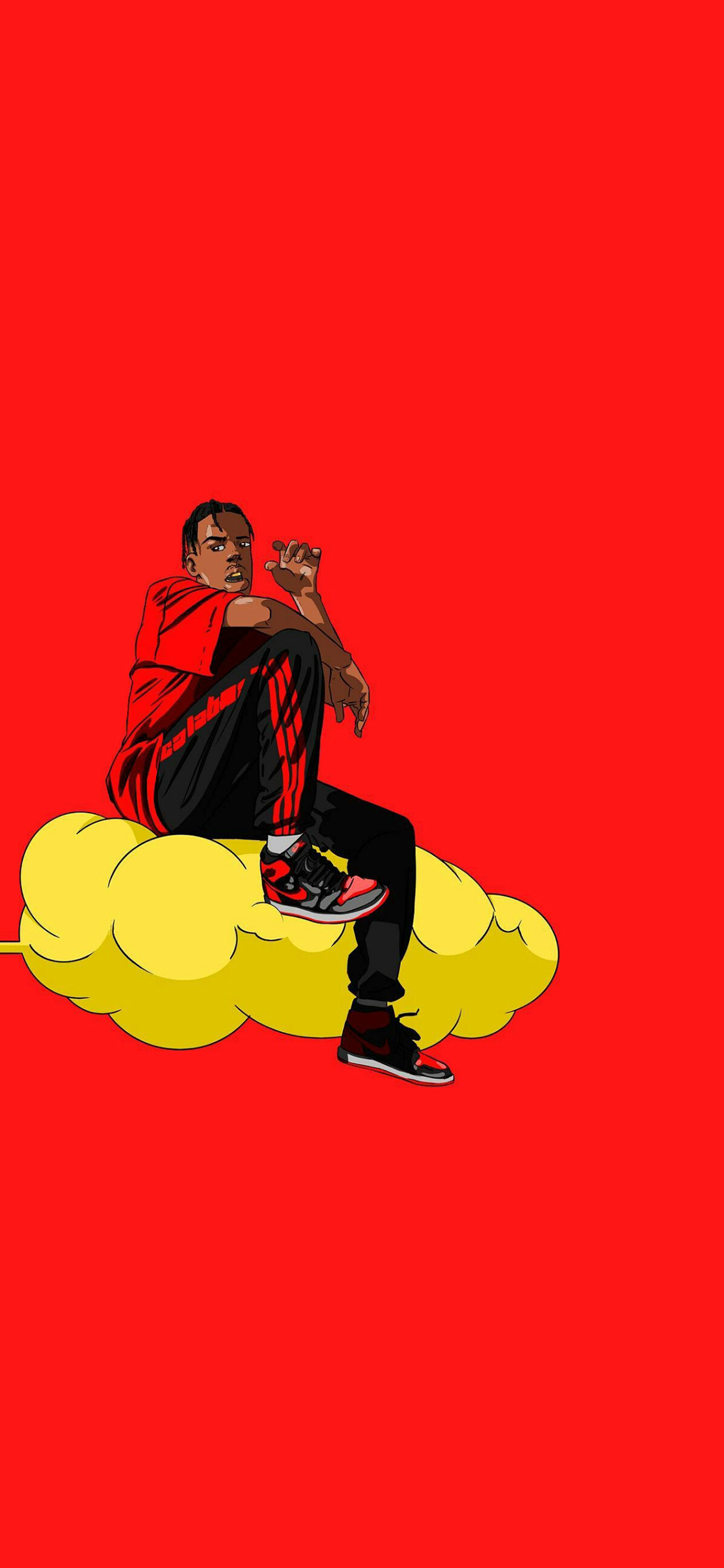 [2436×1125]红色背景 黑人 潮图 云朵 苹果手机动漫壁纸图片