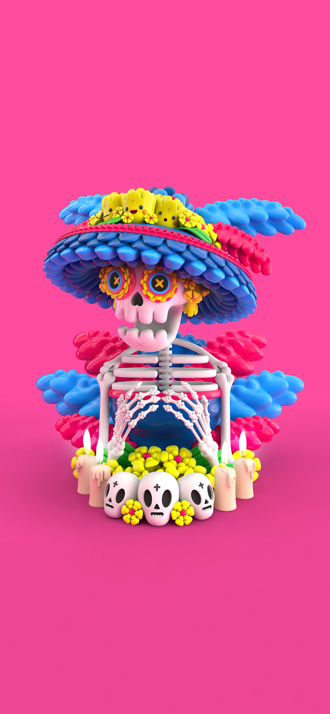 [2436×1125]纯色背景 3D骷颅 色彩 苹果手机动漫壁纸图片