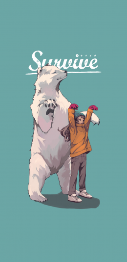 [2436x1125]纯色背景 卡通 北极熊 女孩 苹果手机动漫壁纸图片