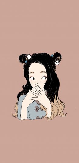 [2436x1125]纯色背景 卡通 女孩 丸子头 苹果手机动漫壁纸图片