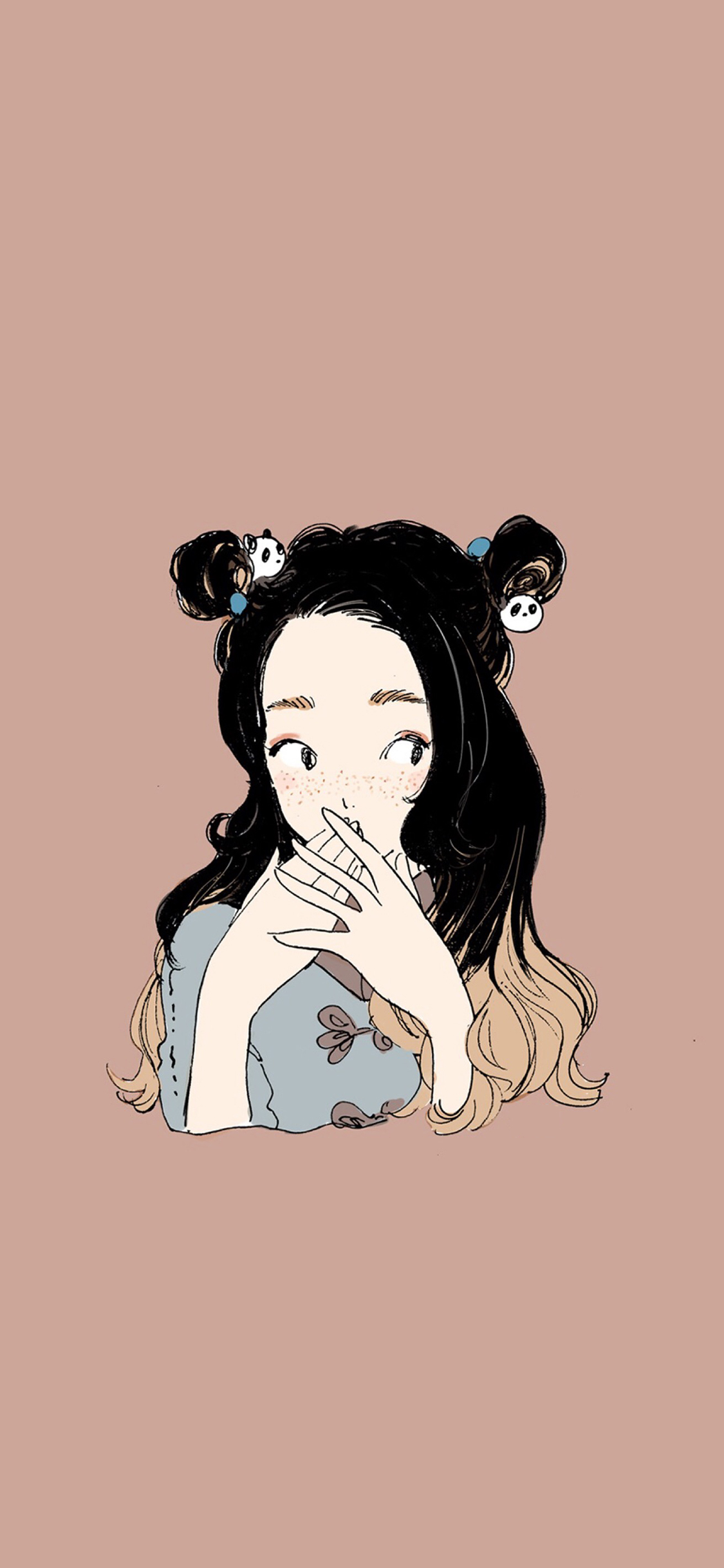 [2436×1125]纯色背景 卡通 女孩 丸子头 苹果手机动漫壁纸图片