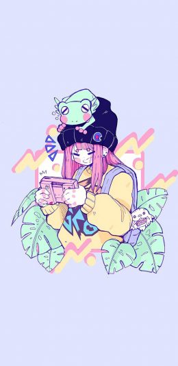 [2436x1125]纯色背景 卡通 女孩 青蛙 苹果手机动漫壁纸图片