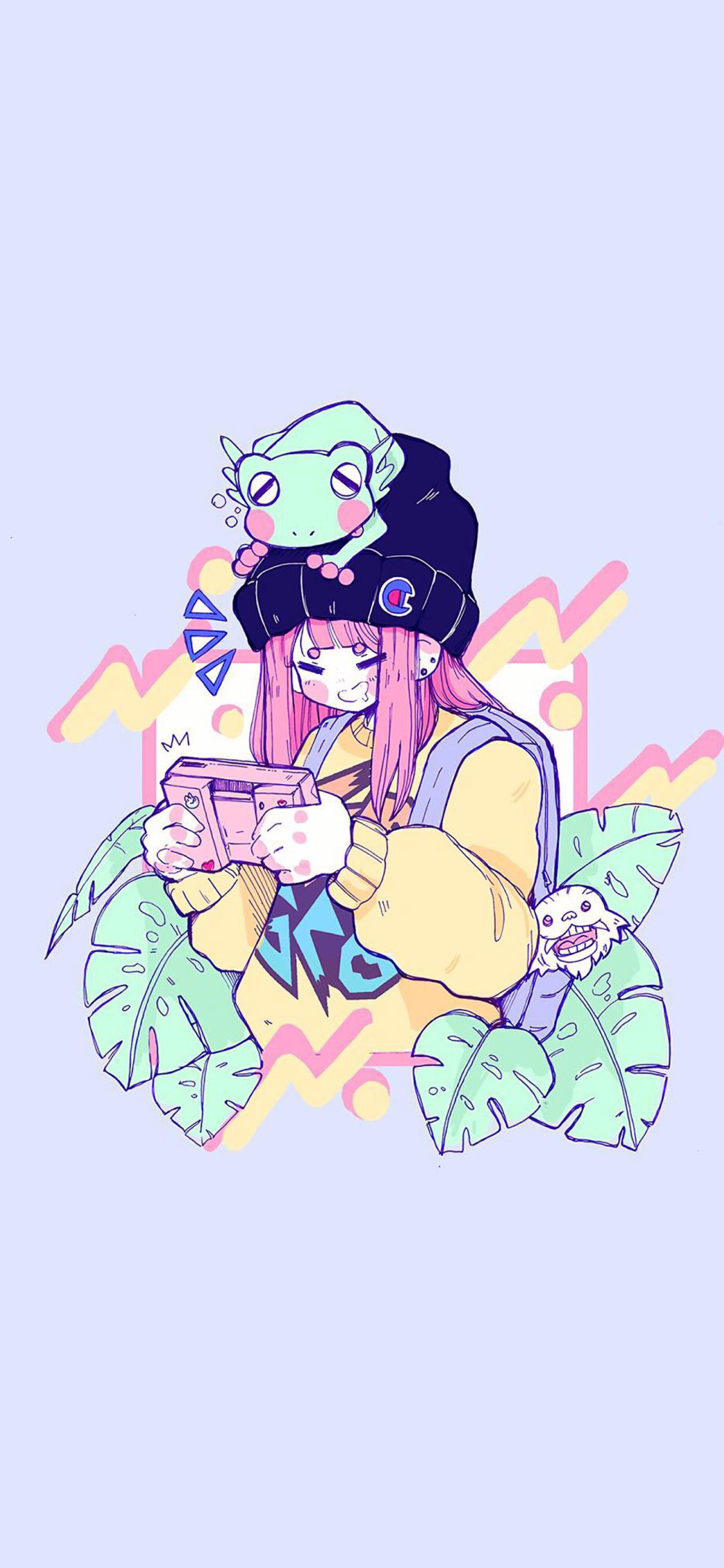 [2436×1125]纯色背景 卡通 女孩 青蛙 苹果手机动漫壁纸图片