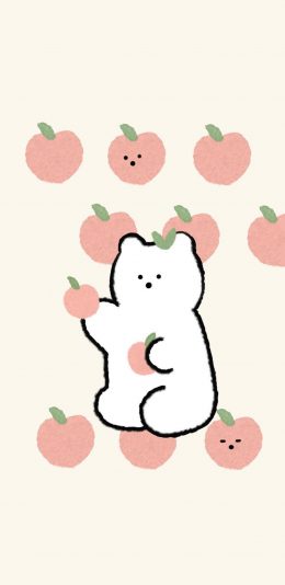 [2436x1125]纯色背景 卡通 小熊 桃子 苹果手机动漫壁纸图片