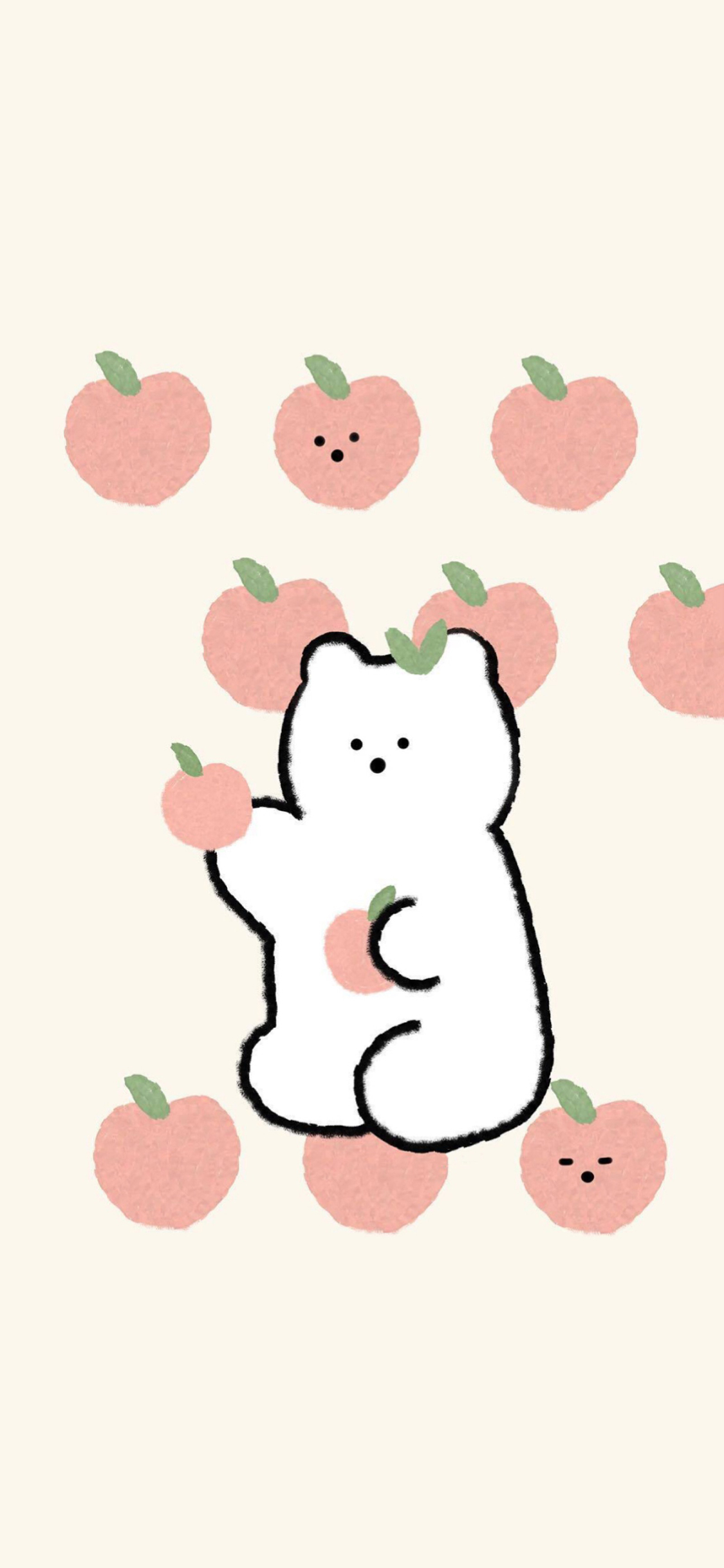 [2436×1125]纯色背景 卡通 小熊 桃子 苹果手机动漫壁纸图片