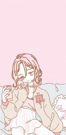 [2436x1125]纯色背景 卡通 少女 颓废 苹果手机动漫壁纸图片