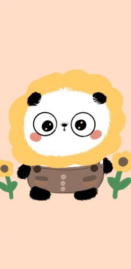 [2436x1125]纯色背景 卡通 熊猫 向日葵 苹果手机动漫壁纸图片
