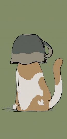 [2436x1125]纯色背景 卡通 猫咪 杯子 套头 苹果手机动漫壁纸图片