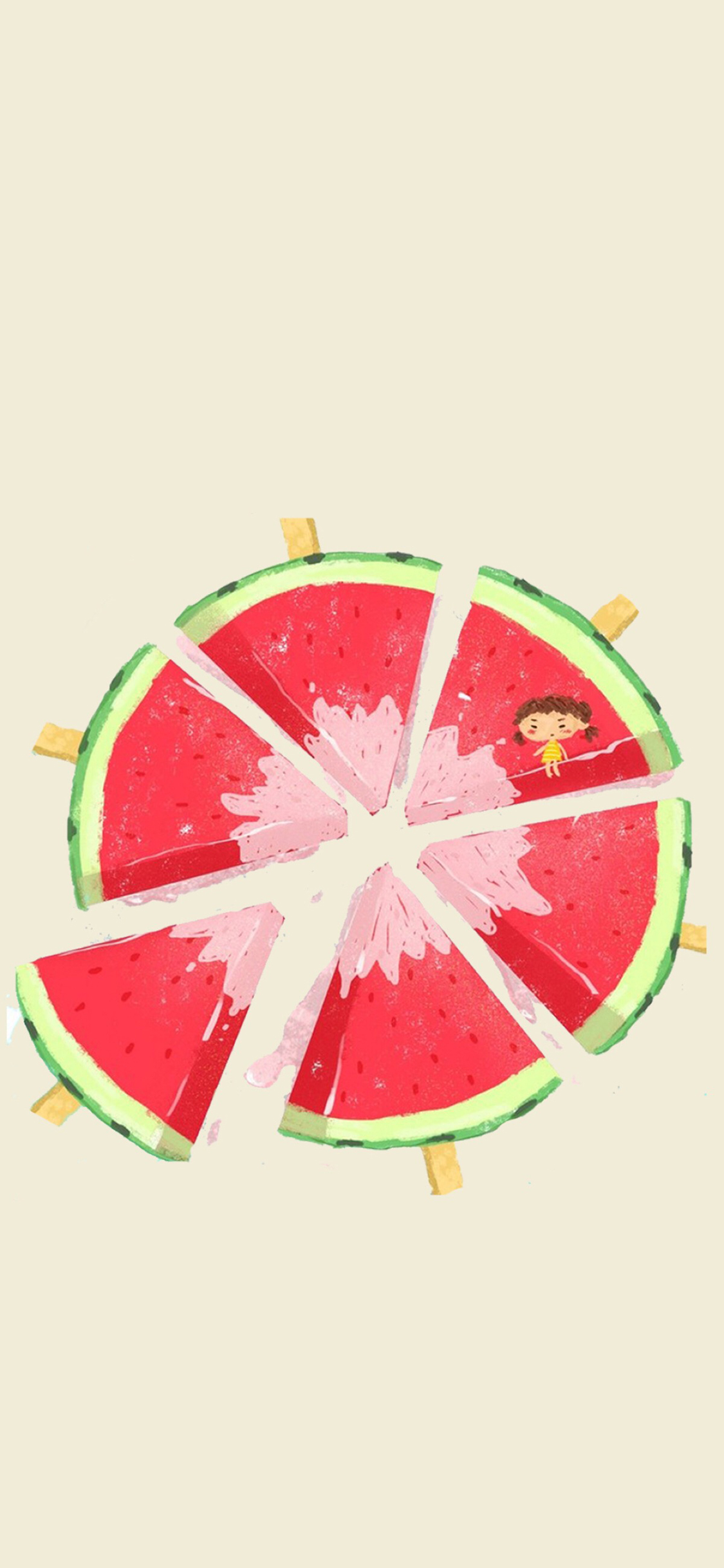[2436×1125]纯色背景 卡通 西瓜 小女孩 苹果手机动漫壁纸图片