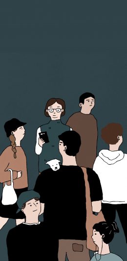 [2436x1125]纯色背景 卡通人群 小白狗 苹果手机动漫壁纸图片