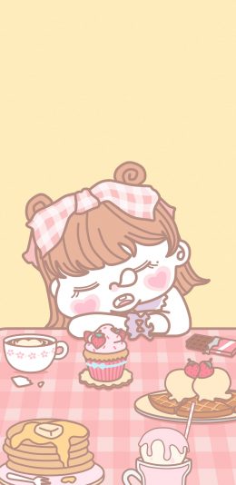 [2436x1125]纯色背景 卡通女孩 睡觉 小蛋糕 苹果手机动漫壁纸图片