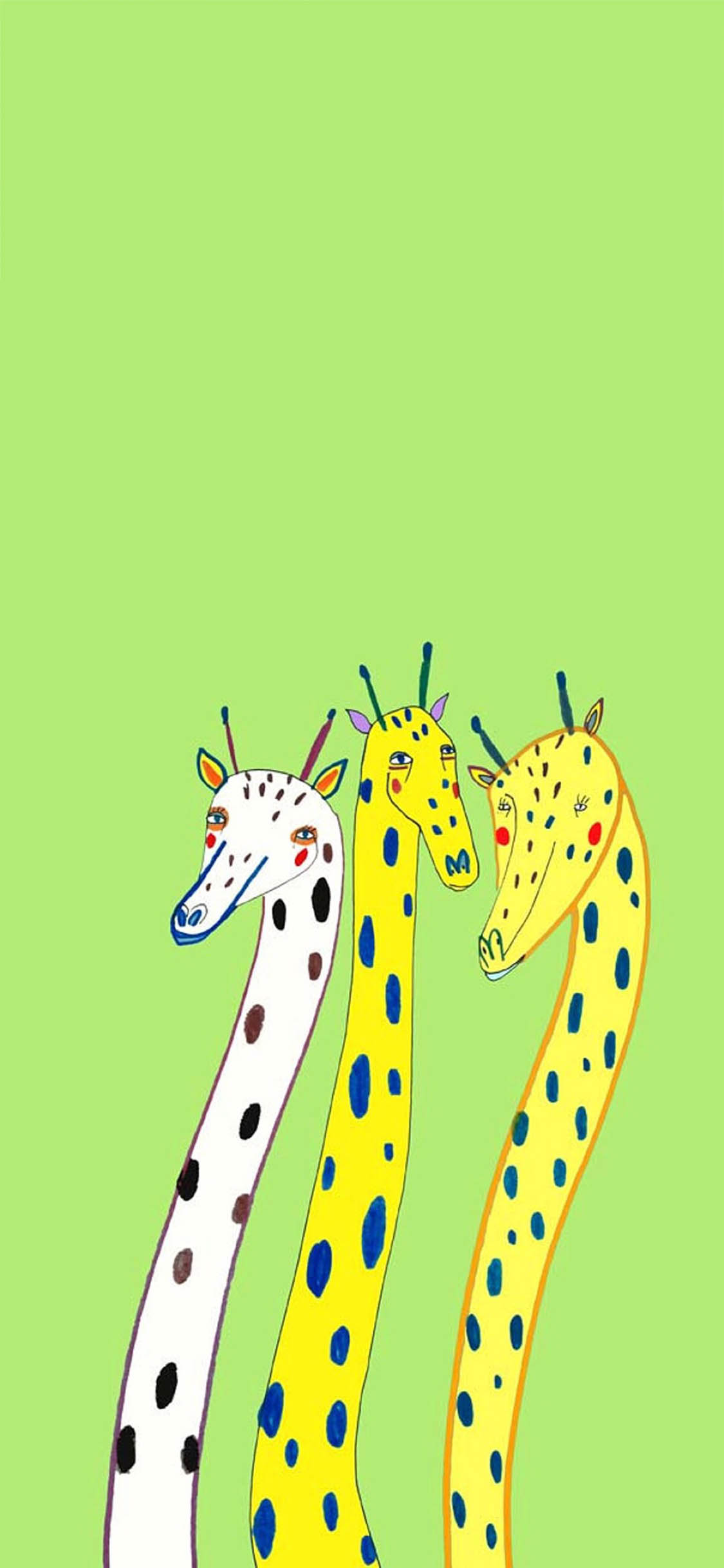 [2436×1125]纯色背景 卡通长颈鹿 斑点 苹果手机动漫壁纸图片