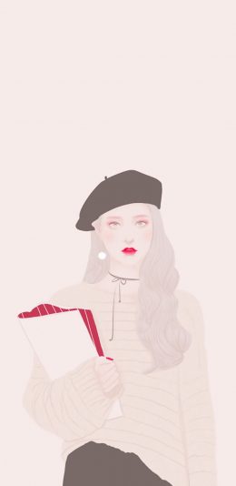 [2436x1125]纯色背景 女孩 插画 红唇 苹果手机动漫壁纸图片