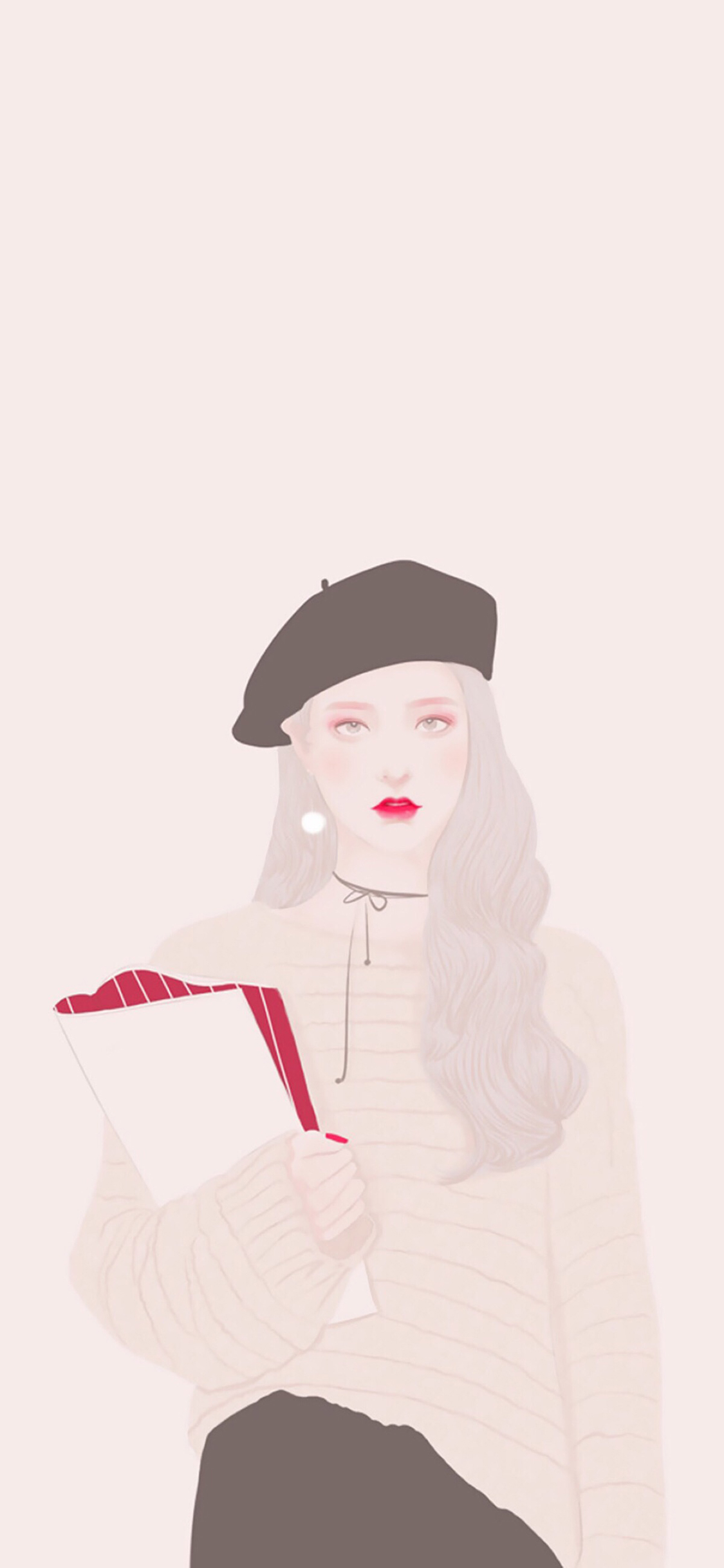 [2436×1125]纯色背景 女孩 插画 红唇 苹果手机动漫壁纸图片