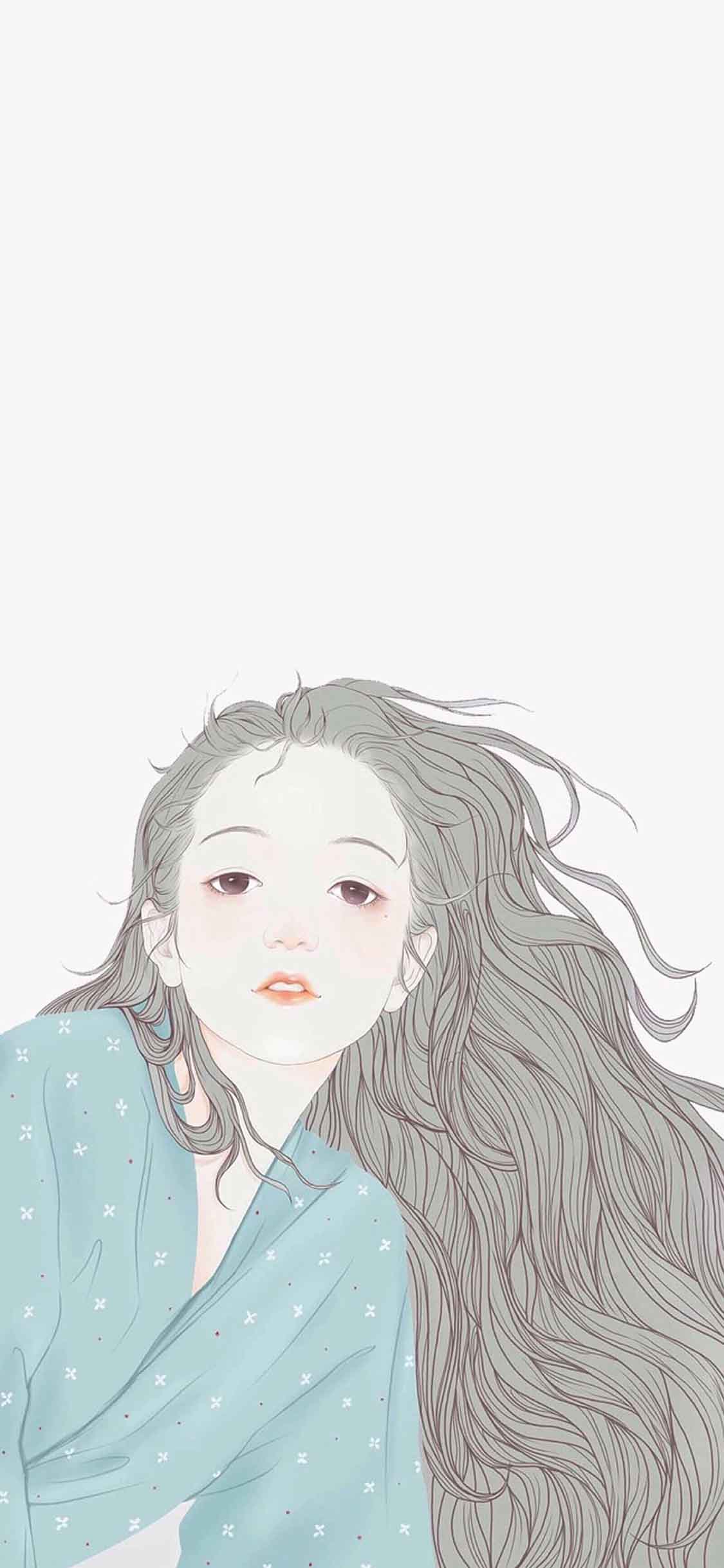 [2436×1125]纯色背景 女孩 插画 长发 唯美 苹果手机动漫壁纸图片