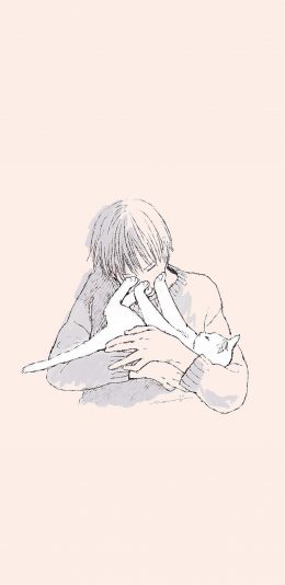 [2436x1125]纯色背景 少年 猫咪 苹果手机动漫壁纸图片