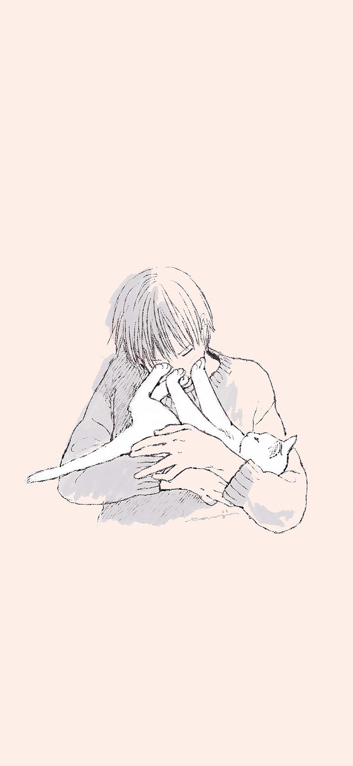 [2436×1125]纯色背景 少年 猫咪 苹果手机动漫壁纸图片