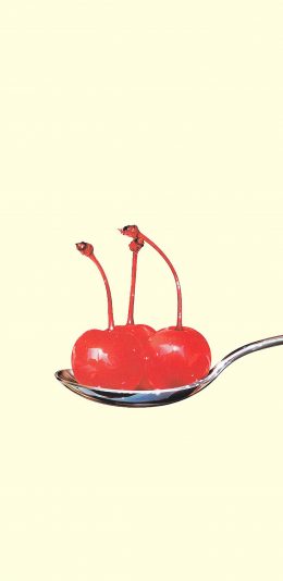 [2436x1125]纯色背景 樱桃 抠图 勺子 苹果手机动漫壁纸图片
