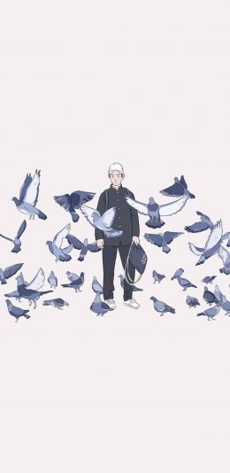 [2436x1125]纯色背景 男孩插画 鸽子 苹果手机动漫壁纸图片