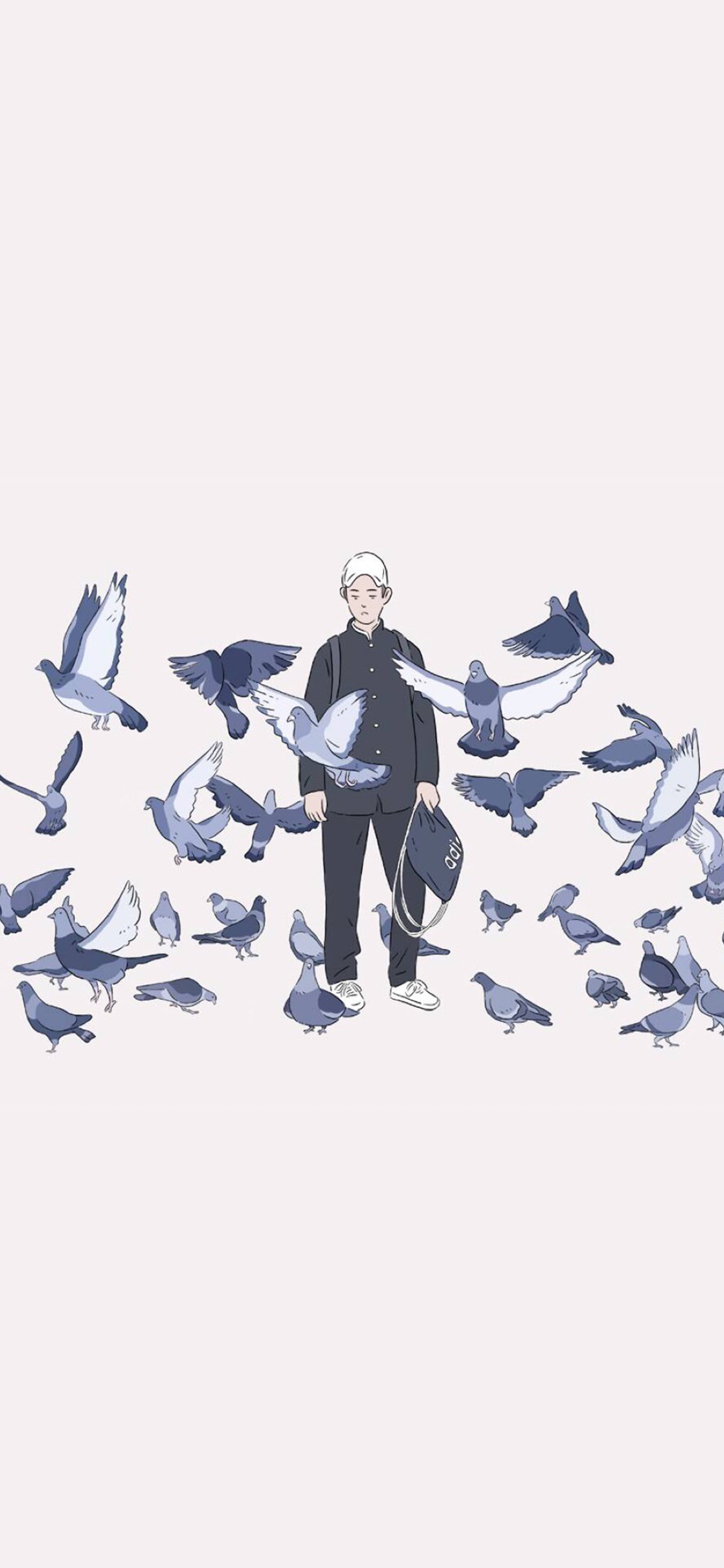 [2436×1125]纯色背景 男孩插画 鸽子 苹果手机动漫壁纸图片