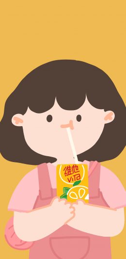 [2436x1125]维他柠檬茶 小女孩 黄色 饮料 吸管 苹果手机动漫壁纸图片
