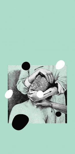 [2436x1125]绿色 插图 人物 抱头 苹果手机动漫壁纸图片