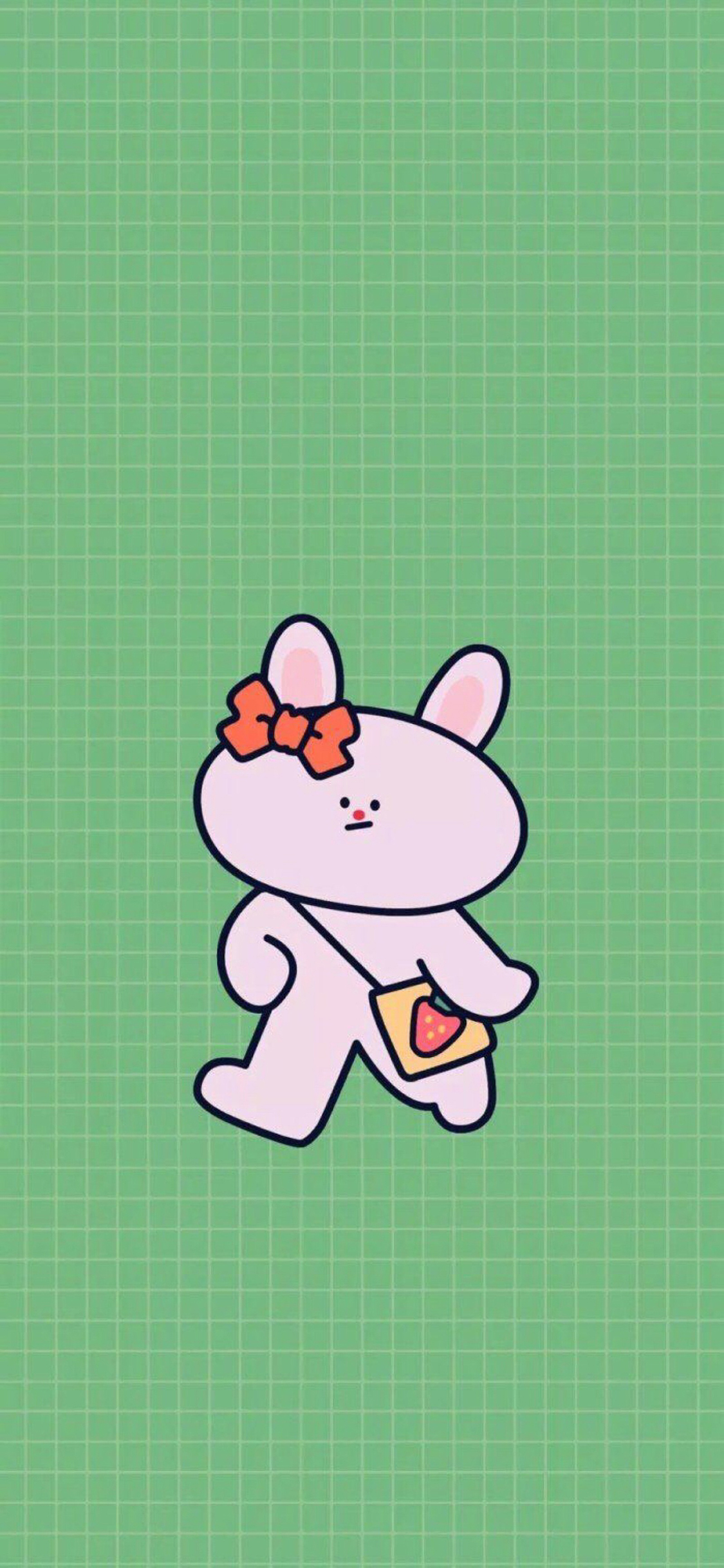 [2436×1125]绿色 格子背景 卡通 兔子 苹果手机动漫壁纸图片