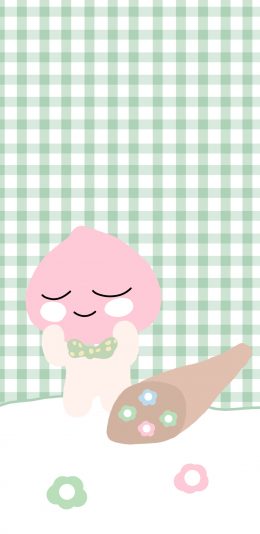 [2436x1125]绿色 格子背景 卡通 桃子 苹果手机动漫壁纸图片