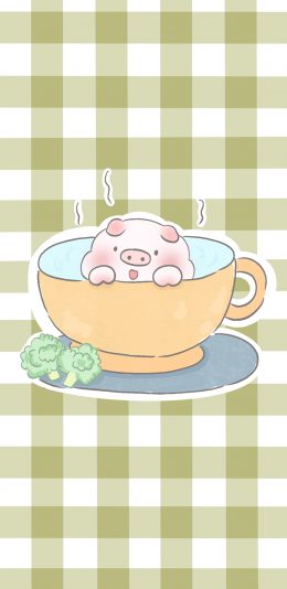 [2436x1125]绿色 格子背景 卡通猪猪（取自微博：寄喜饼给你喔） 苹果手机动漫壁纸图片