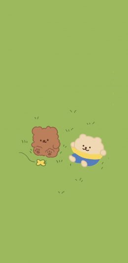 [2436x1125]绿色 草地 卡通 小熊 可爱 苹果手机动漫壁纸图片