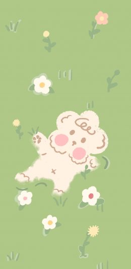 [2436x1125]绿色 草地 卡通 小狗 苹果手机动漫壁纸图片