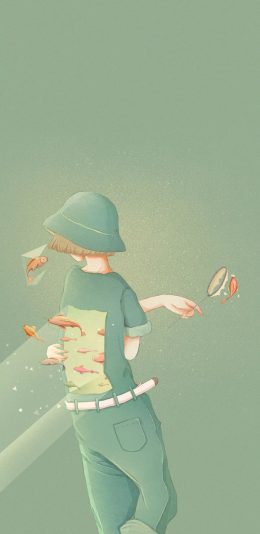 [2436x1125]绿色系 女孩 插图 背影 金鱼 苹果手机动漫壁纸图片